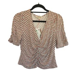 Boden Women Red Floral Ditsy Ruched V-Neck Jersey Top Sz 10 Y2K 90s Short Sleeve